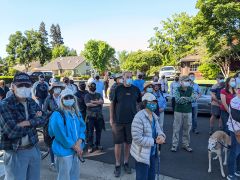 Locals gathered in a quiet cul-de-sac on the morning of May 1 before accessing public easements at the end of Stirling Park Drive. 