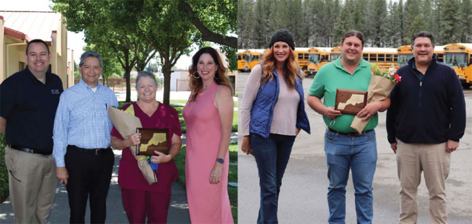 (Left photo) Julie Summey (center) with Placer County Superintendent of Schools Gayle Garbolino-Mojica, PCOE Deputy Superintendent Phillip Williams and Special Education Program Coordinator Bryce Lauritzen. (Right Photo) Derek Bosserman (center) with Placer County Superintendent of Schools Gayle Garbolino-Mojica and Tahoe Truckee Unified School District Executive Director of Business Services Todd Rivera. Photo courtesy of The Placer County Office of Education